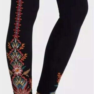 Johnny Was Black Leggings with Multicolor Floral Embroidery